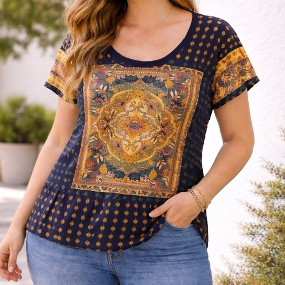 Lucky Brand Tops - Lucky Brand Women's Boho Medallion Print Cotton Blend Top 3X